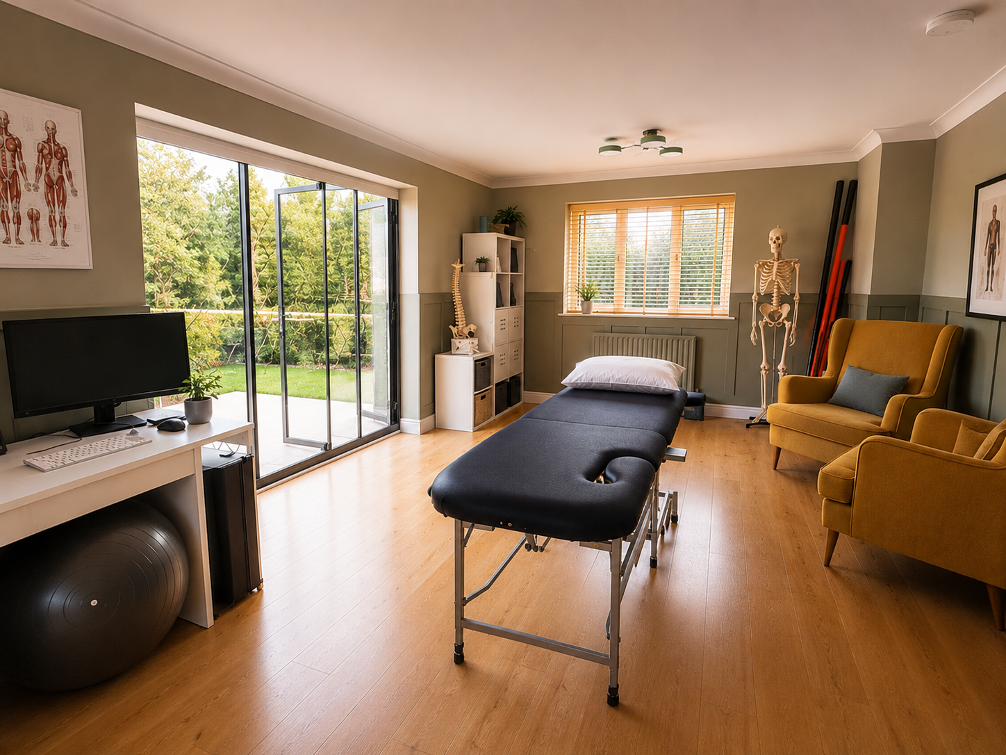 Modern therapy room with massage table, exercise ball, and medical equipment.